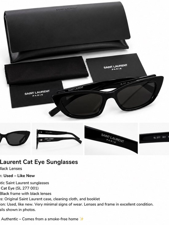 Saint Laurent Accessories - Saint Laurent Black Cat-Eye Sunglasses with Black Lenses